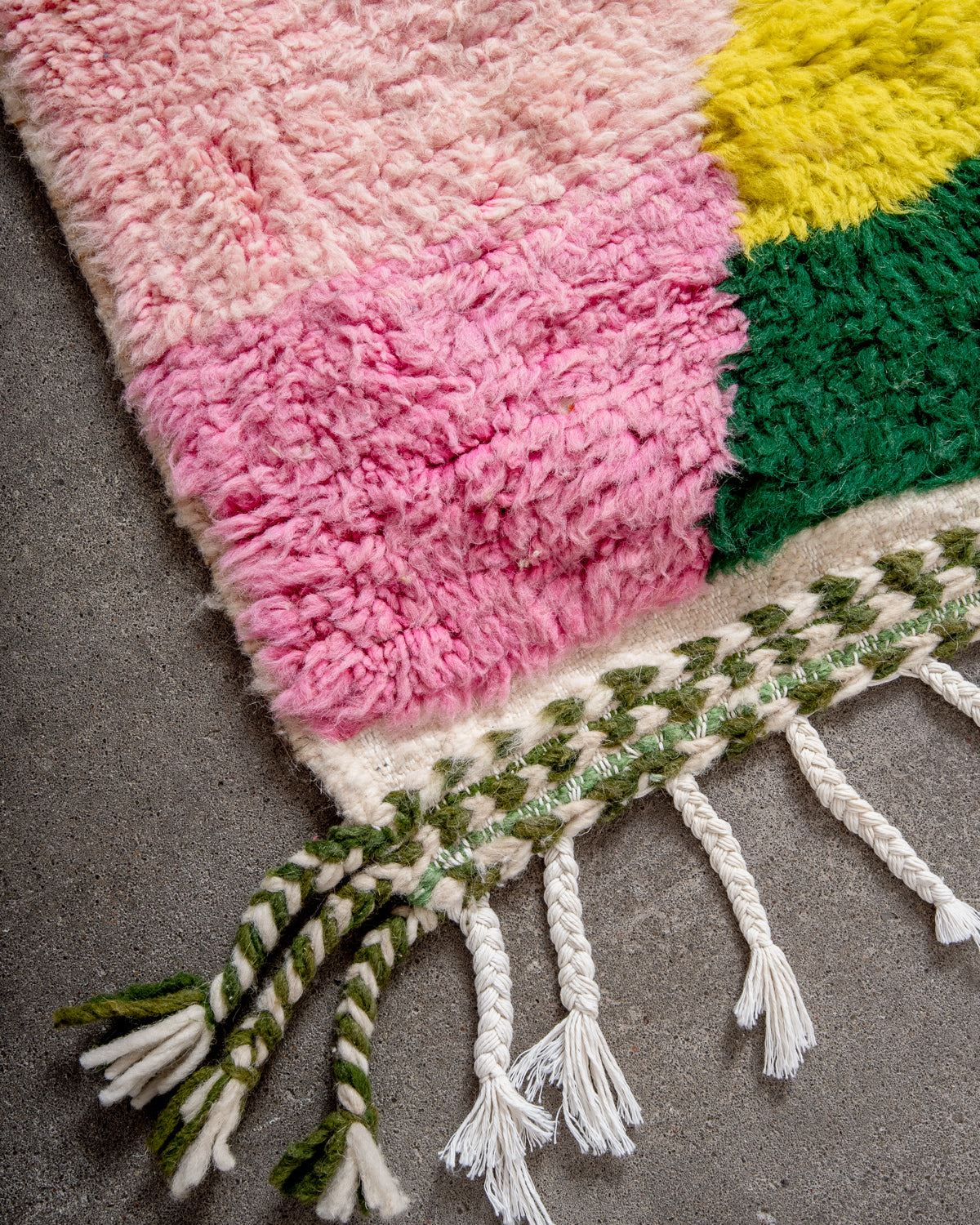 Modern, designer, handcrafted Berber rug from Morocco. Beniourain carpet with beautiful colours and patterns and fluffy wool texture.
